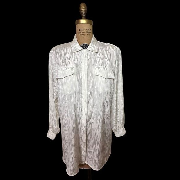 Vintage 90s Adolfo Collectibles White Self pattern Long sleeve Blouse size 9/10 - Picture 3 of 13
